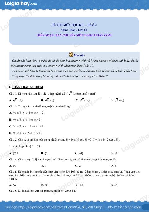 Đề thi giữa kì 1 Toán 10 Chân trời sáng tạo - Đề số 2